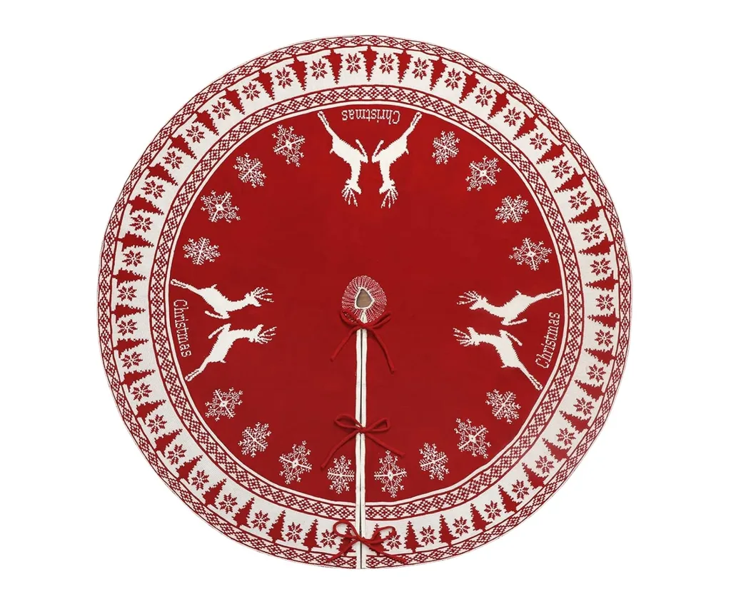 Red Knitted Christmas Tree Skirt with Snowflake & Reindeer