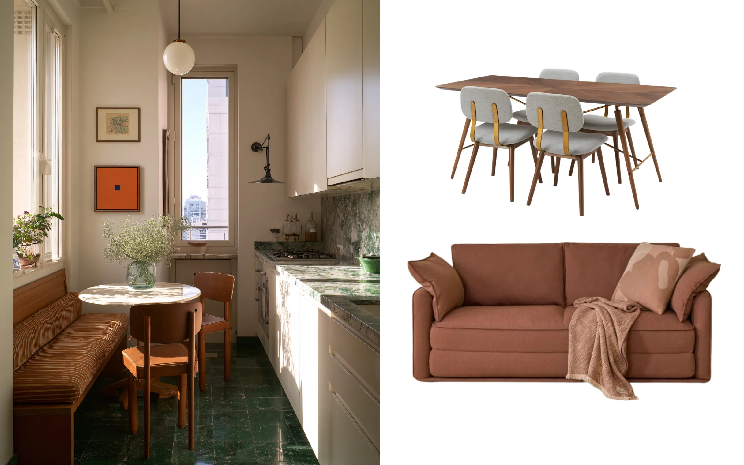 An image of a mid century modern kitchen with a collage of our top picks from Black Friday Furniture Sales 2025