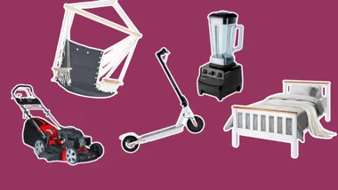 Various products from Mytopia including a bed, hammock chair and blender.