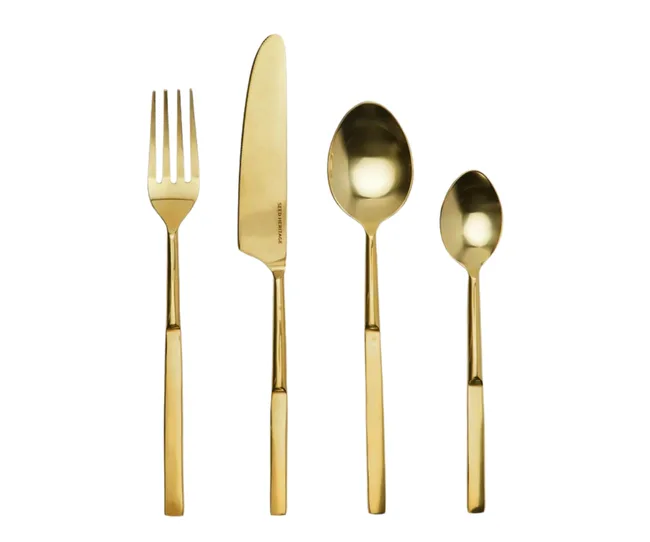 gold cutlery set with fork knife and two spoons