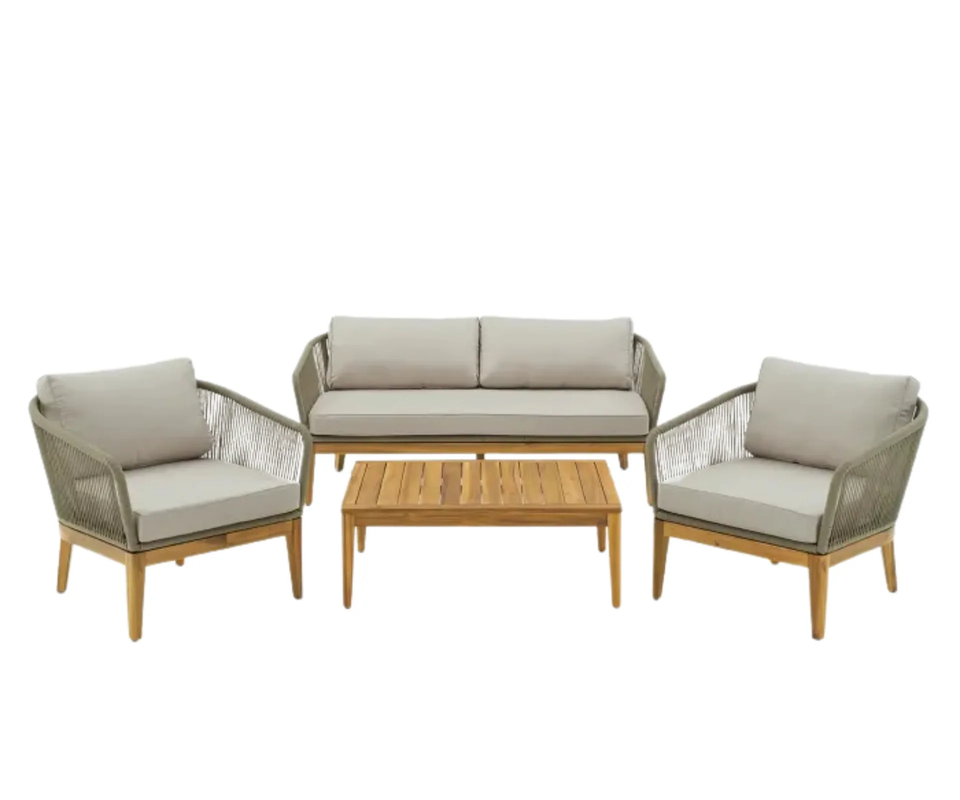 set of two chairs and two seater sofa in green with wooden coffee table in the middle 