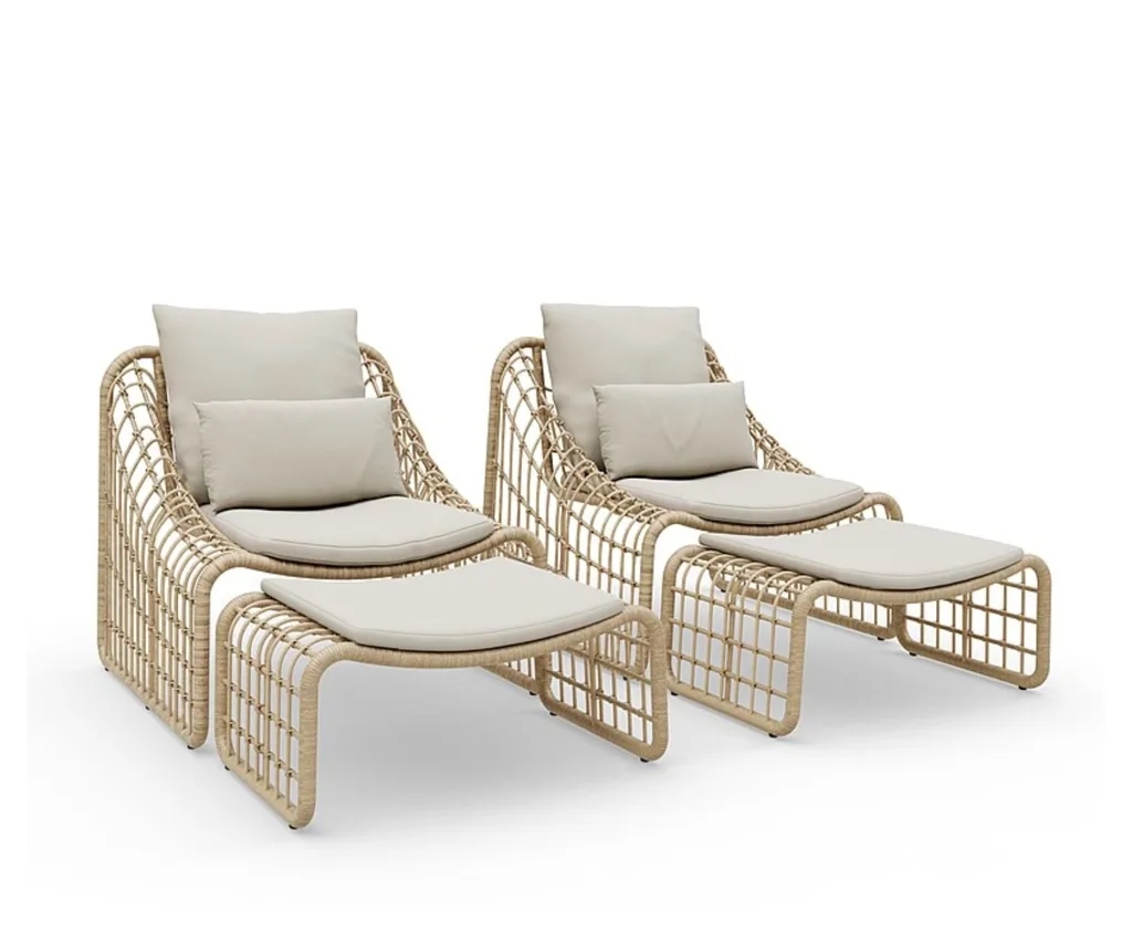 wicker loungers with additional ottoman and cushions on them