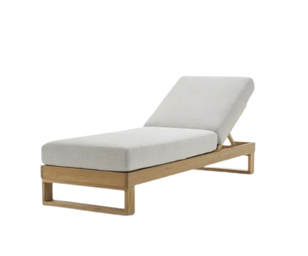 chaise lounge with beige cushions and wooden base