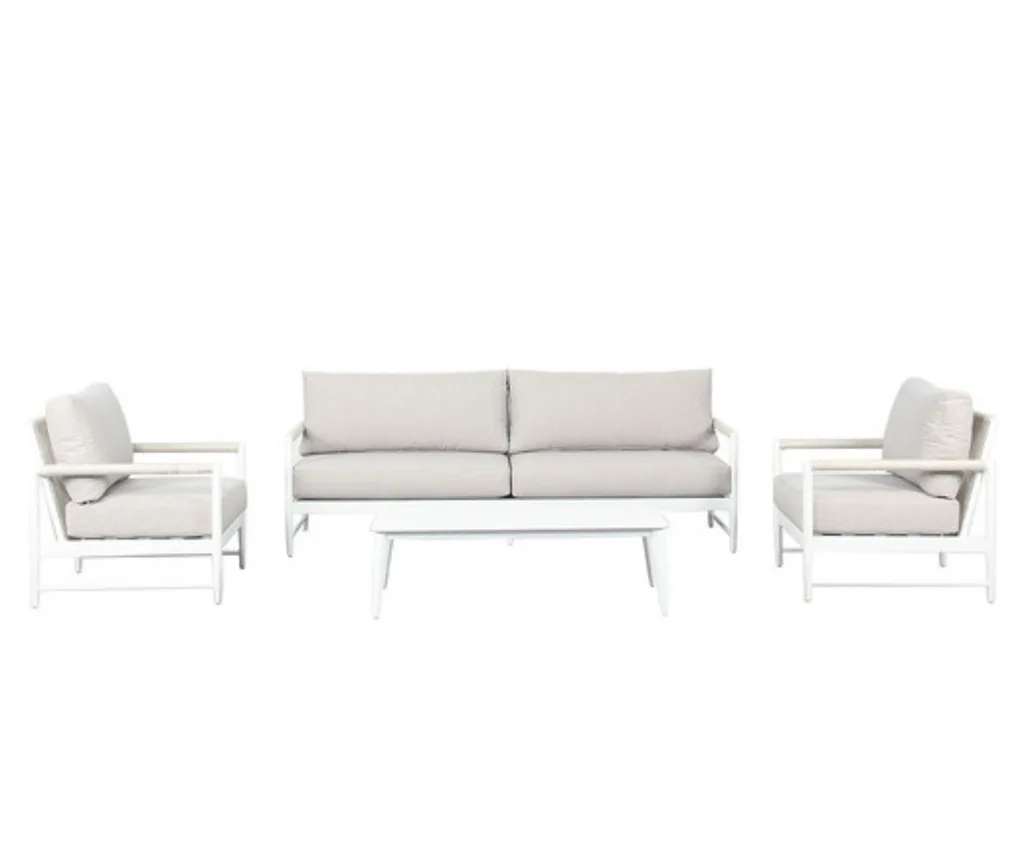 white outdoor lounge set with beige seats from best outdoor furniture brands