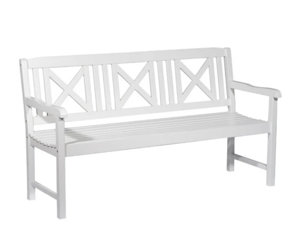 white metal bench with criss cross back