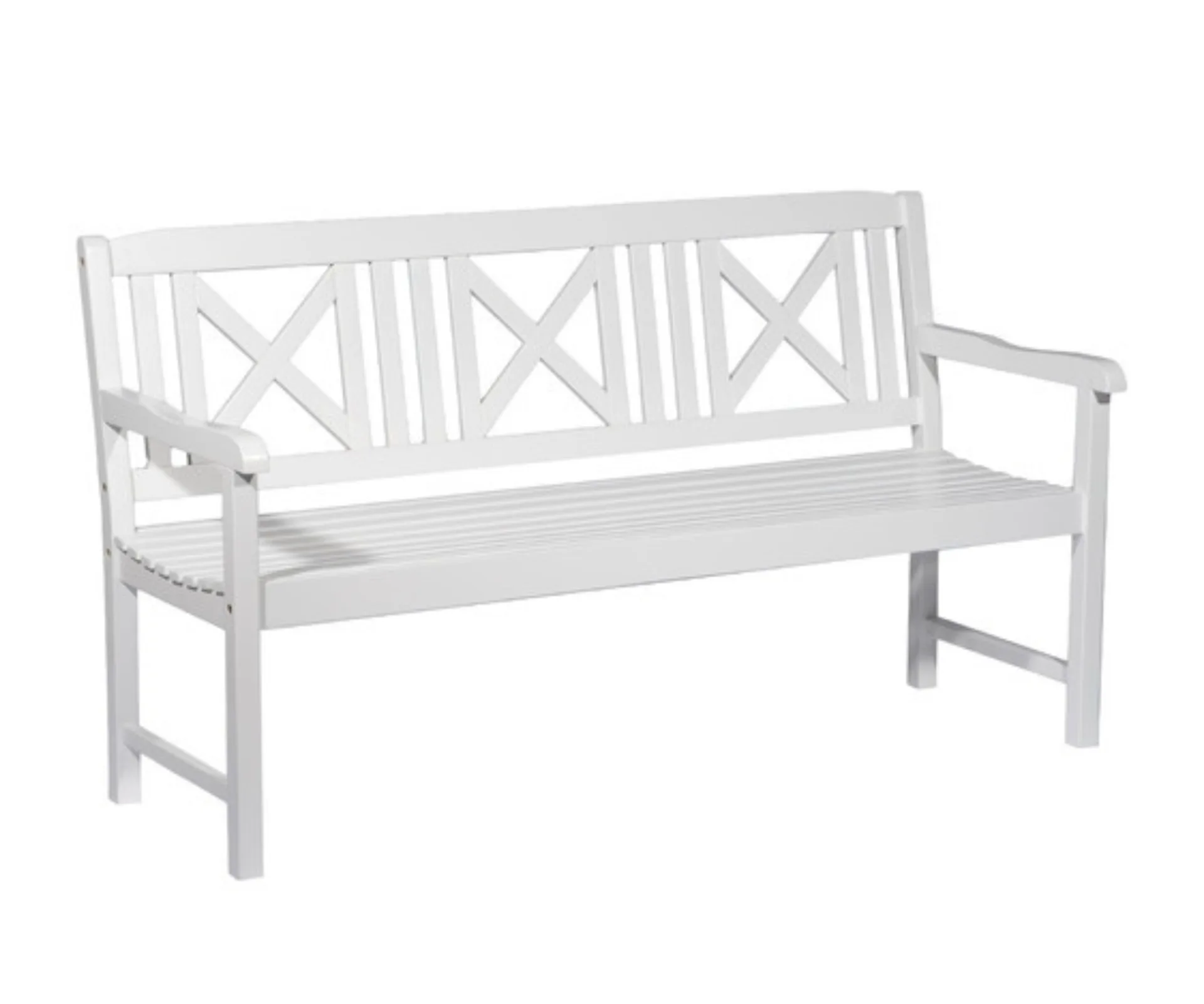 white metal bench with criss cross back 
