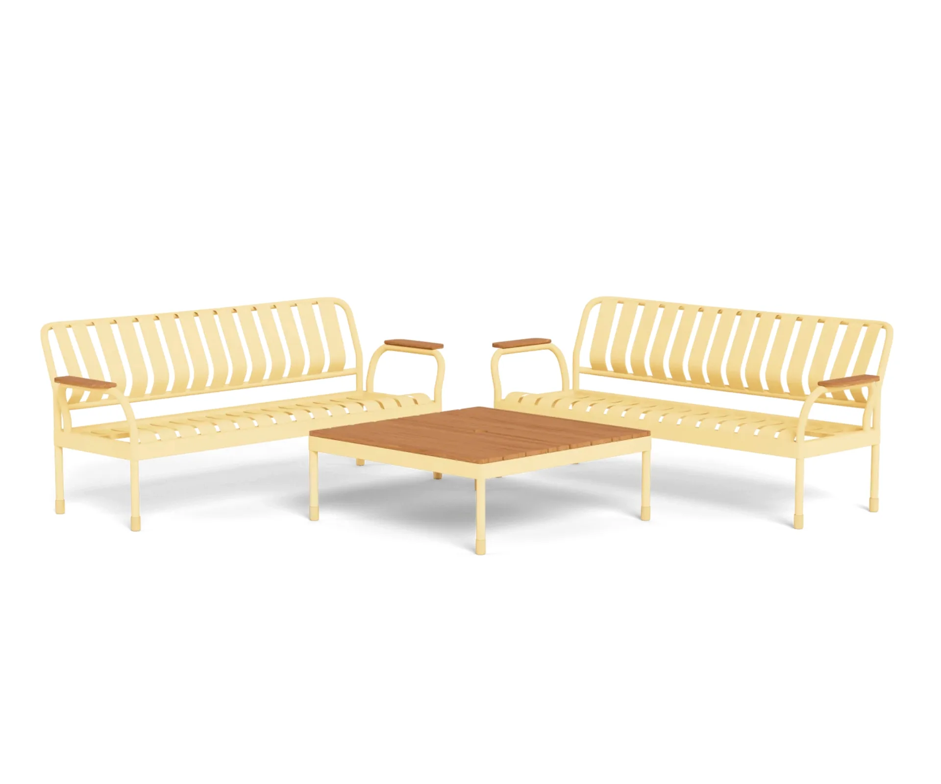 butter yellow two benches with wooden topped table in the middle 