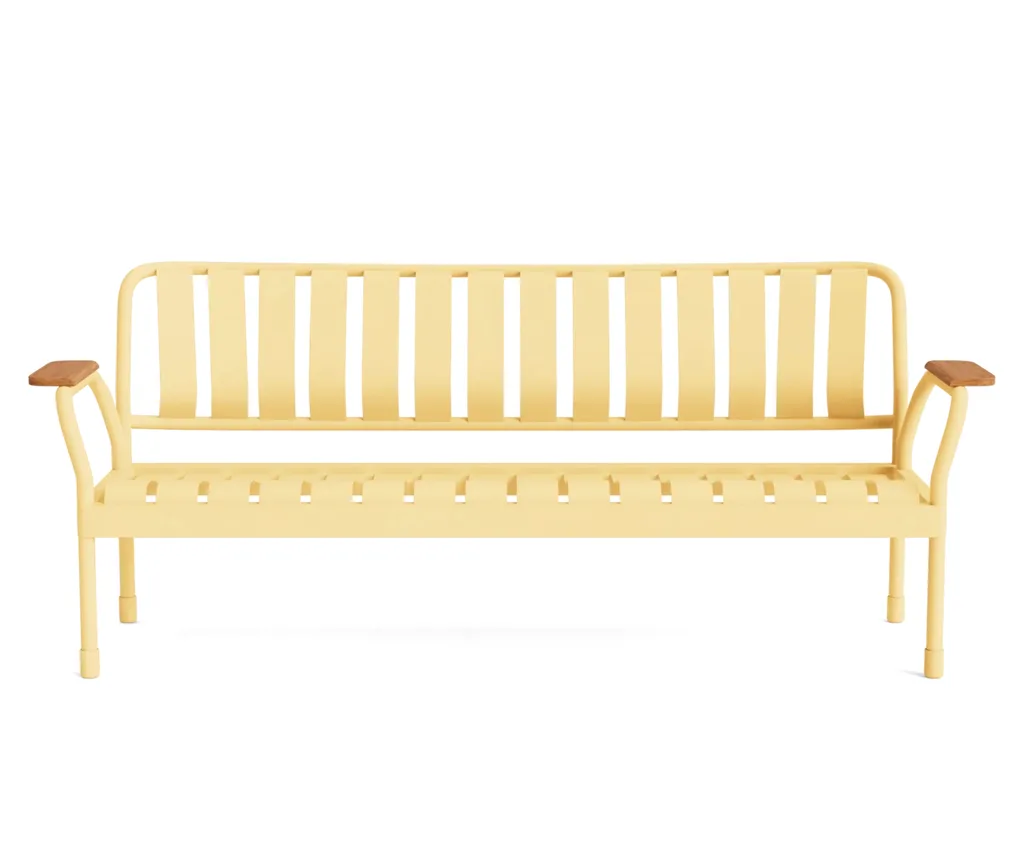 butter yellow bench with wooden handles on the side from best outdoor furniture brands