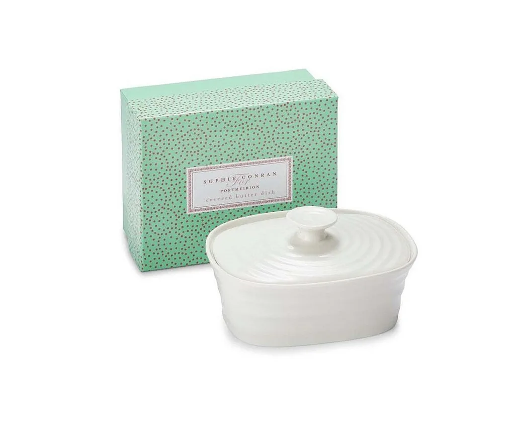 butter dish in white porcelain with green dotted box in the background