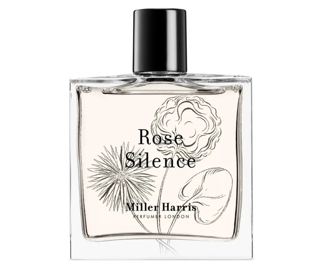 rose silence perfume bottle with flowers on front of bottle