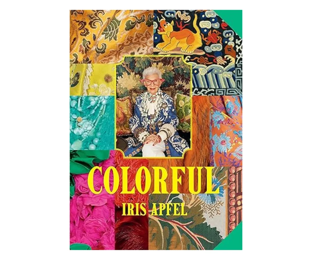 cover of 'colourful' novel with iris apfel on the front in red glasses surrounded by fancy patterns