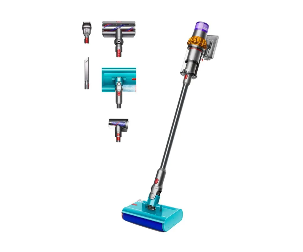 The Dyson V15s Detect Submarine Absolute vacuum with different attachments and features for vacuuming and mopping.