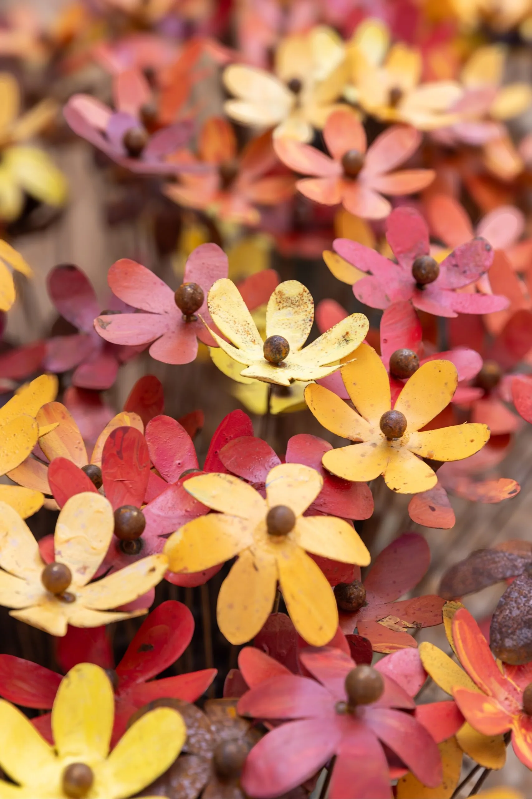 garden sculptures of daisies in orange, yellow, pink and red