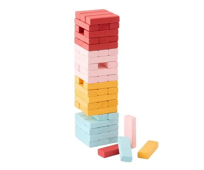 jenga block game in pink blue orange and muted red
