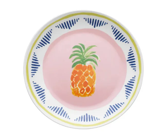 fancy side plate with pineapple and blue stripe pattern around the edge