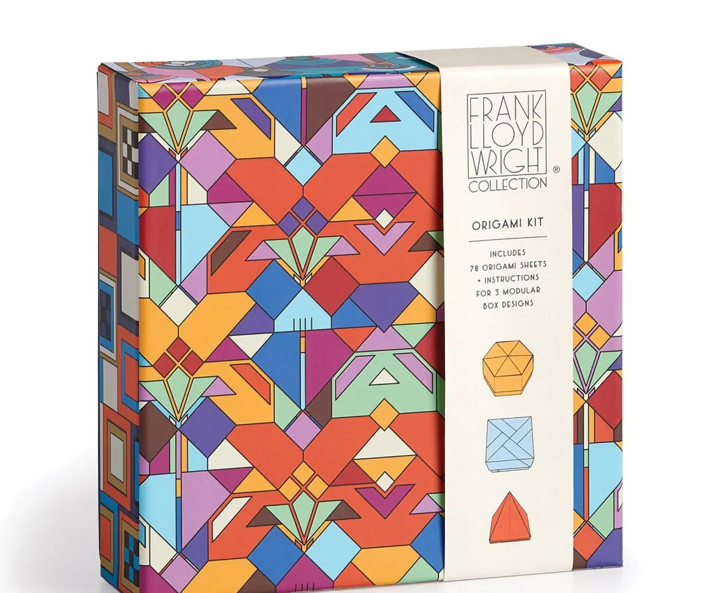 box of origami sheets with frank lloyd wright design on front in rainbow colours and geometric shapes