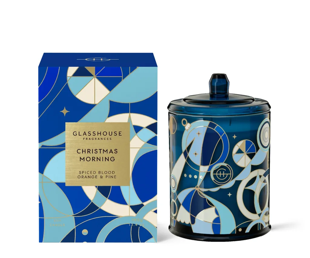 glasshouse candle in geometric psychedelic design on box and candle itself