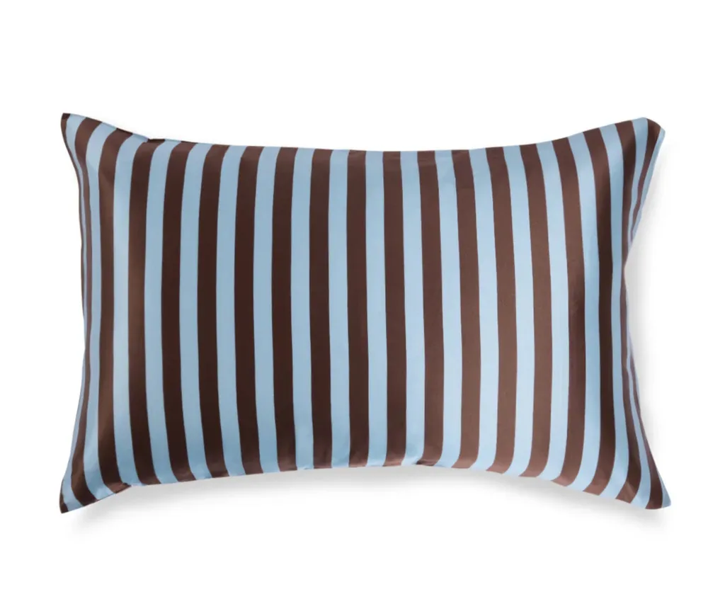 standalone image of stripy brown and light blue pillow for christmas stocking idea