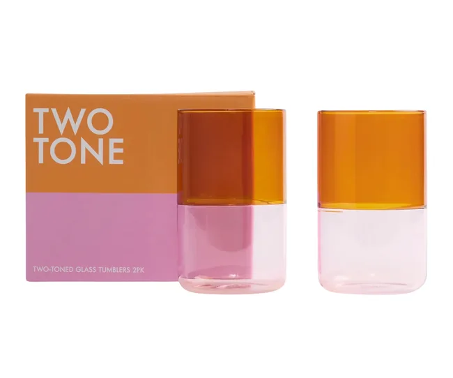 deep etched image of two tone glasses with pink on the bottom and orange on the top