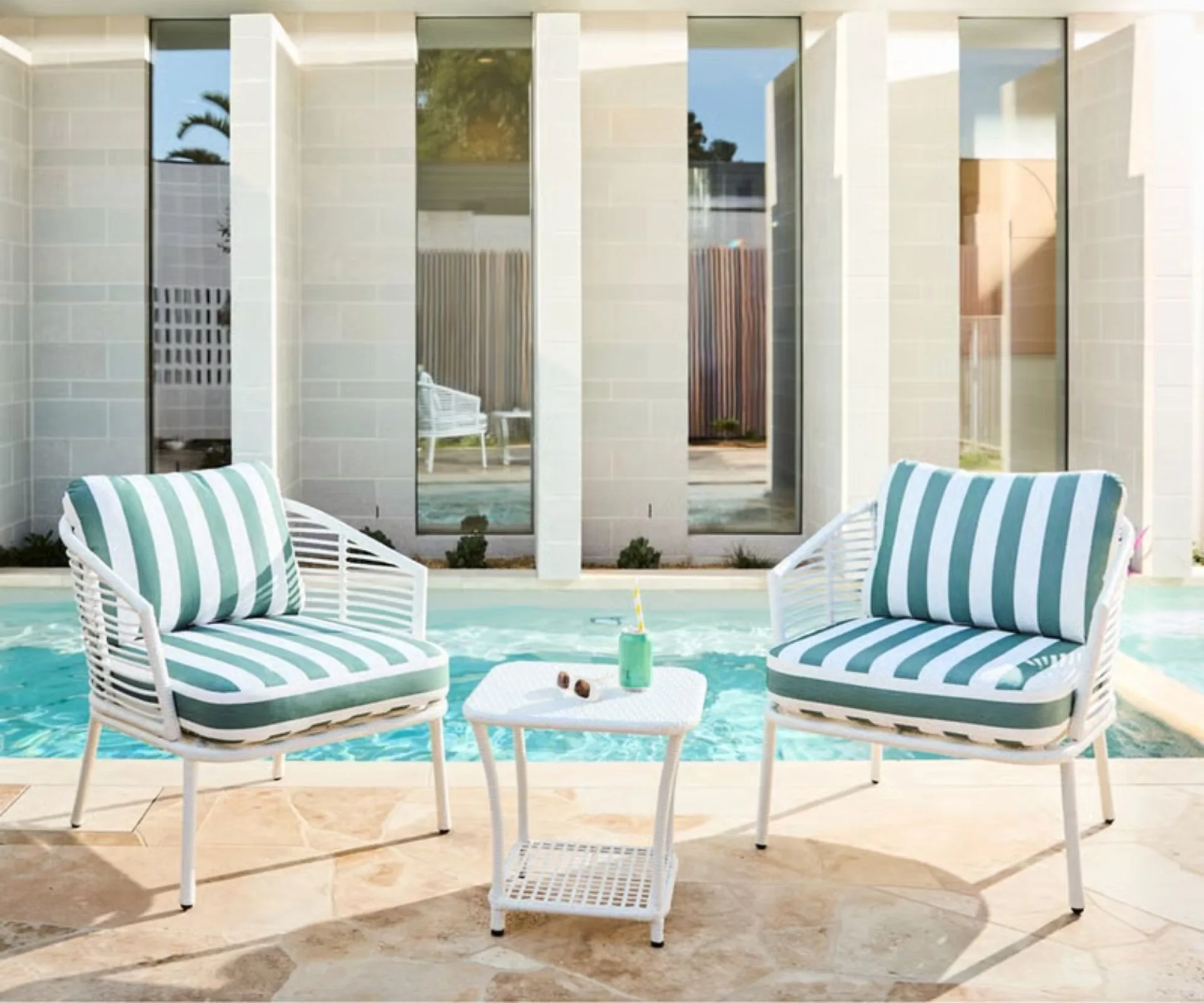 Whitehaven white and forest stripe outdoor lounge set at Adairs