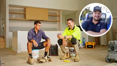 Two tradies sitting on a job site with an inset of James Robinson, founder of Witzer.