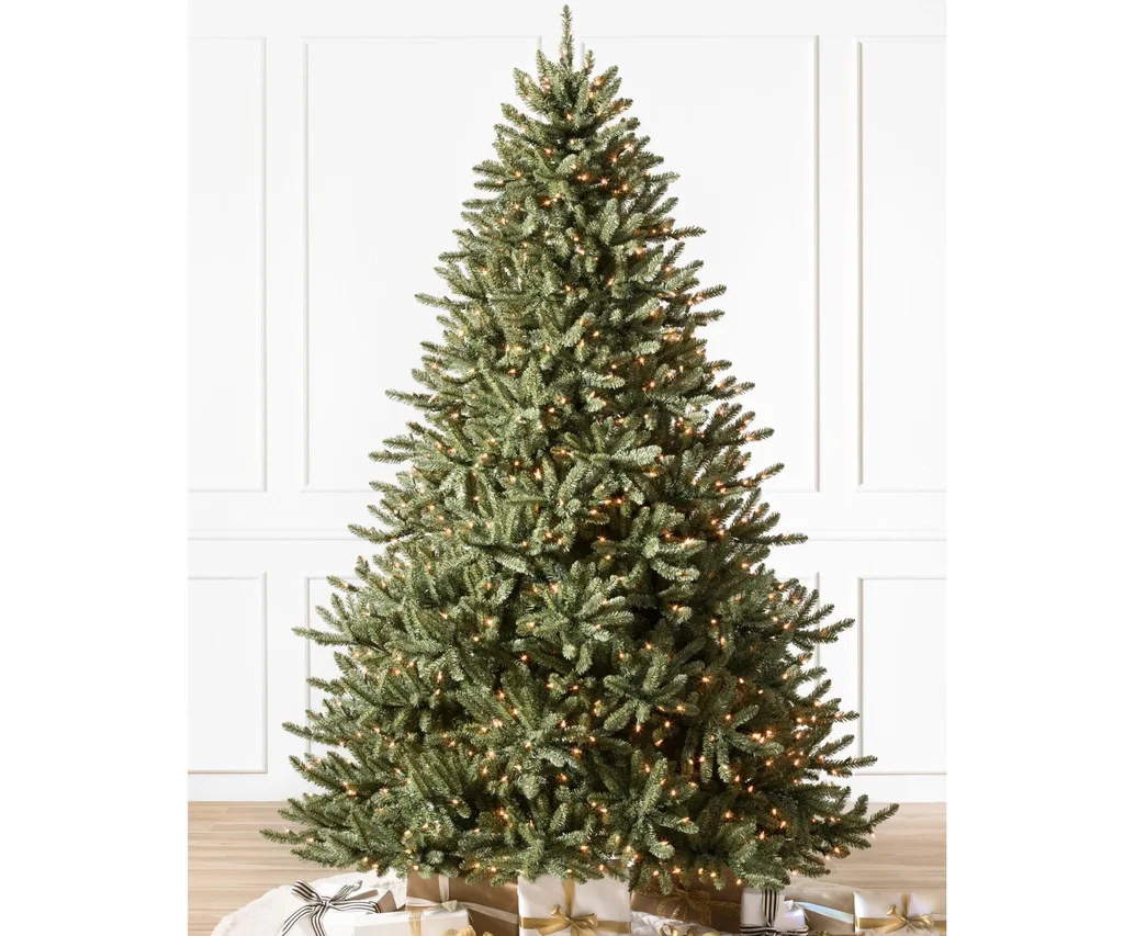The Balsam Hill Canadian Blue Green Spruce, pre-lit with clear LED lights.