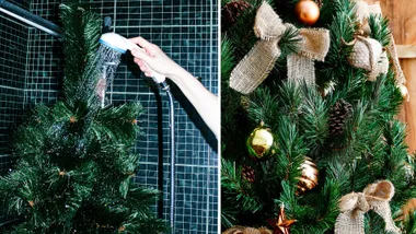 "Split image: Christmas tree being showered, and decorated tree with ornaments and burlap bows."