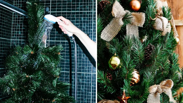 "Split image: Christmas tree being showered, and decorated tree with ornaments and burlap bows."