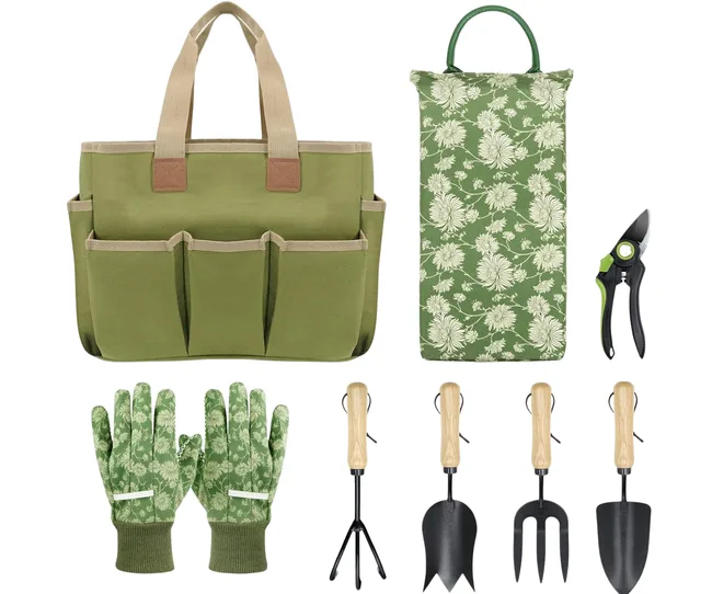 gardening tool set with bag gloves, apron, and different trowels