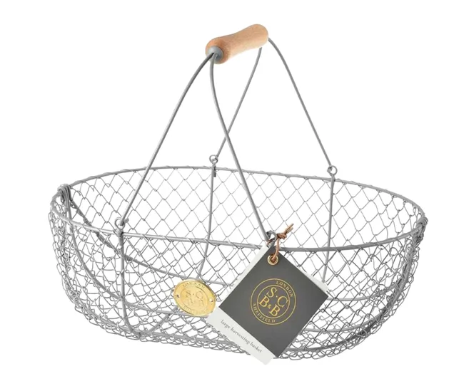 metal harvest basket with metal and wooden handle