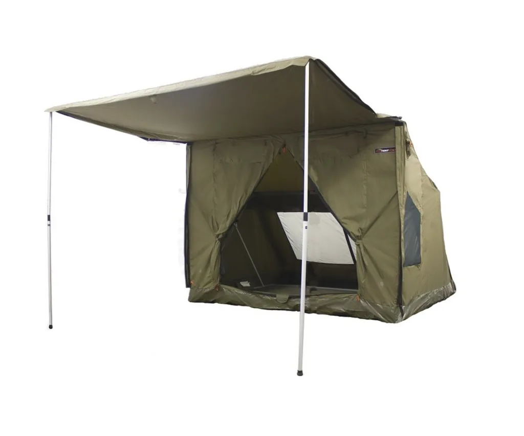 khaki camping tent with two poles and awning up the front