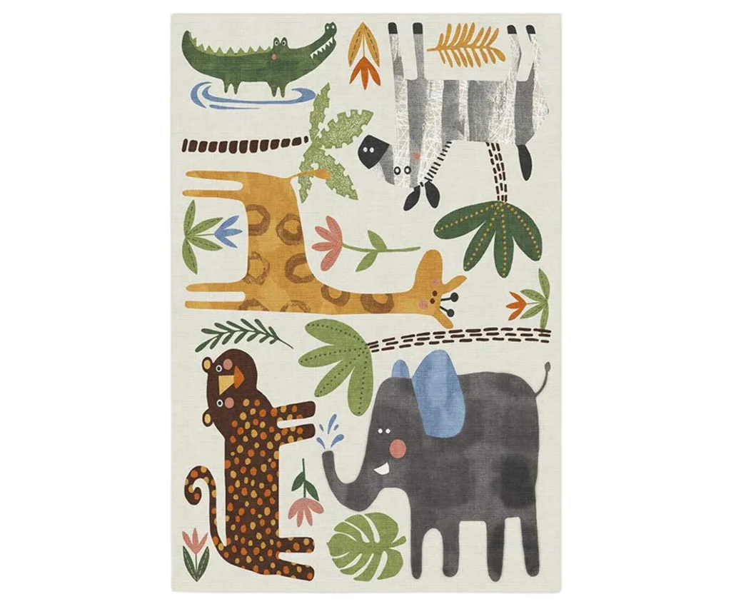 Ruggable's Jungle Safari washable rug has a playful print including an elephant, tiger, giraffe, lion and zebra.