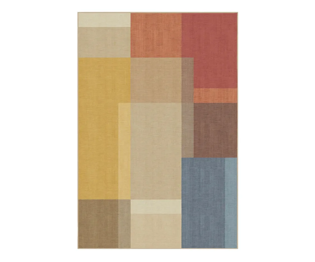 Ruggable's Outdoor Campo multicolour rug is machine washable and has a design of overlapping squares in yellow, red, blue and brown.
