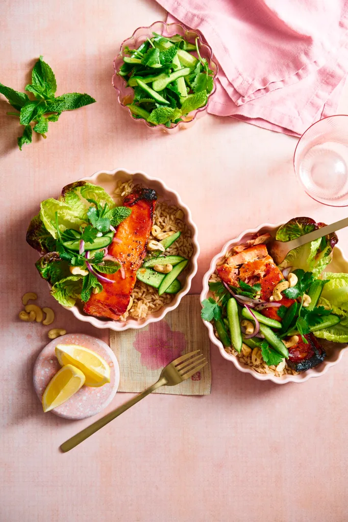 sticky salmon rice salad bowl