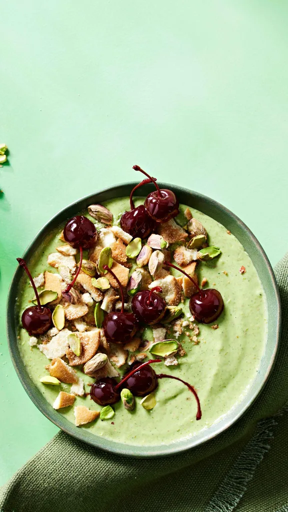 cherry and pistachio green smoothie bowl