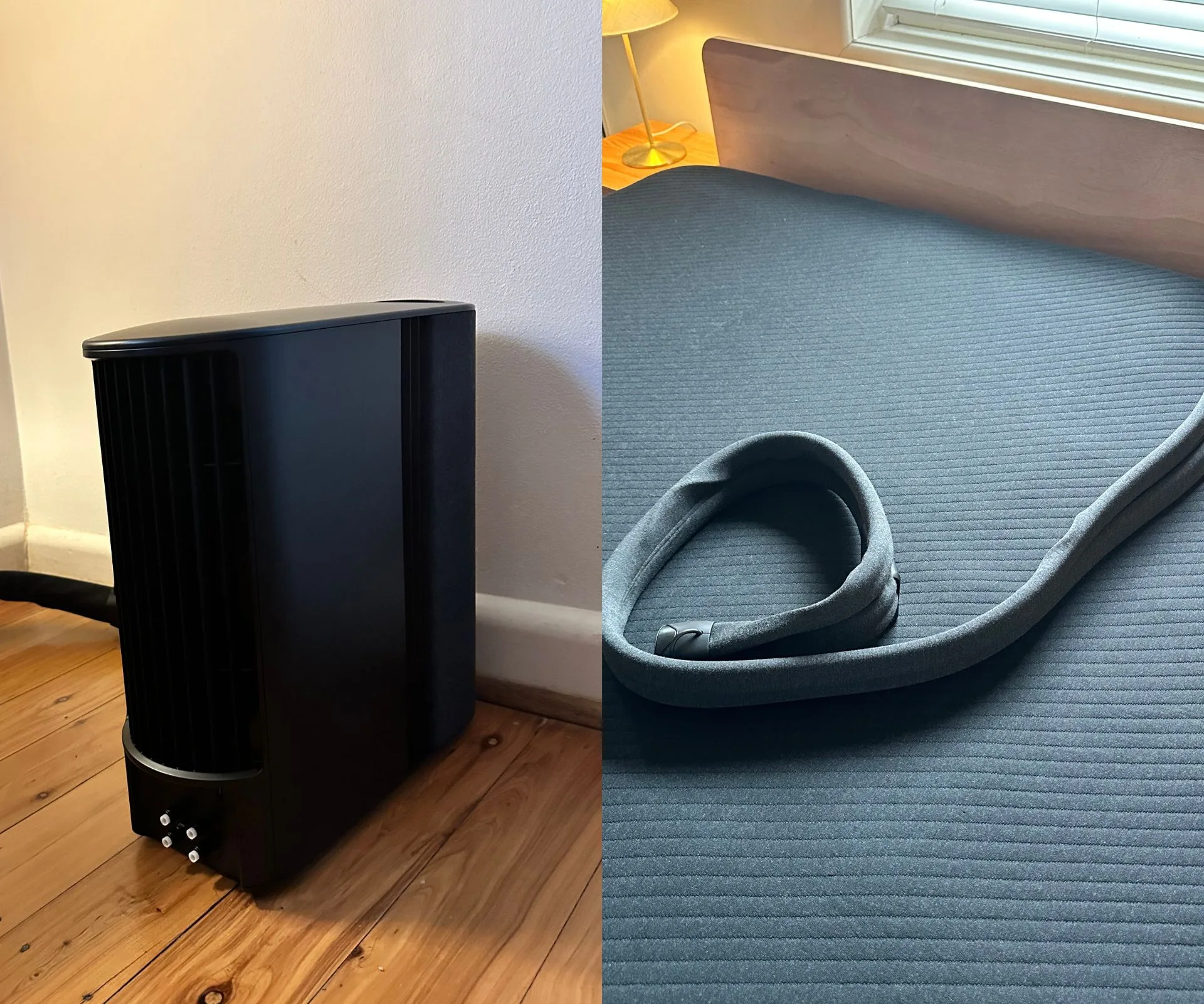 Composite image. On the left is the Eight Sleep Pod 4 hub device, and on the right is the Pod 4 cover and cord that connects to the hub.