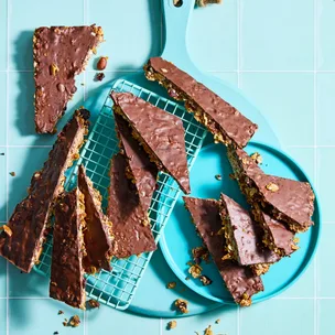 granola crack on a blue plate
