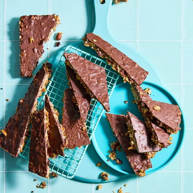 granola crack on a blue plate