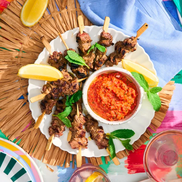 Cumin lamb skewers with roasted capsicum dip - Better Homes & Gardens Australia