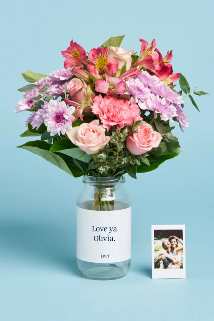lvly bouquet of mother's day flowers with personalised message on jar