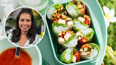 Clarissa Fieldel portrait inset on top of an image of rice paper rolls, an easy noodle recipe