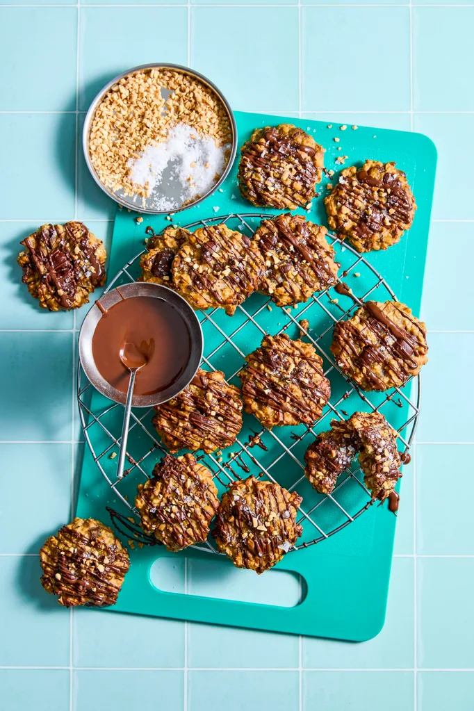 protein cookies on blue chopping board