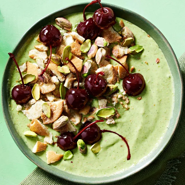 cherry and pistachio green smoothie bowl