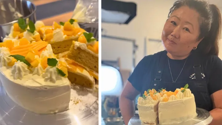 On the right an image of a cut mango layer cake. On the right, a selfie of RecipeTin Eats founder Nagi Maehashi holding the mango cake on a stand.
