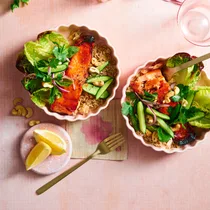 Sticky salmon salad bowls with cucumber mint salsa