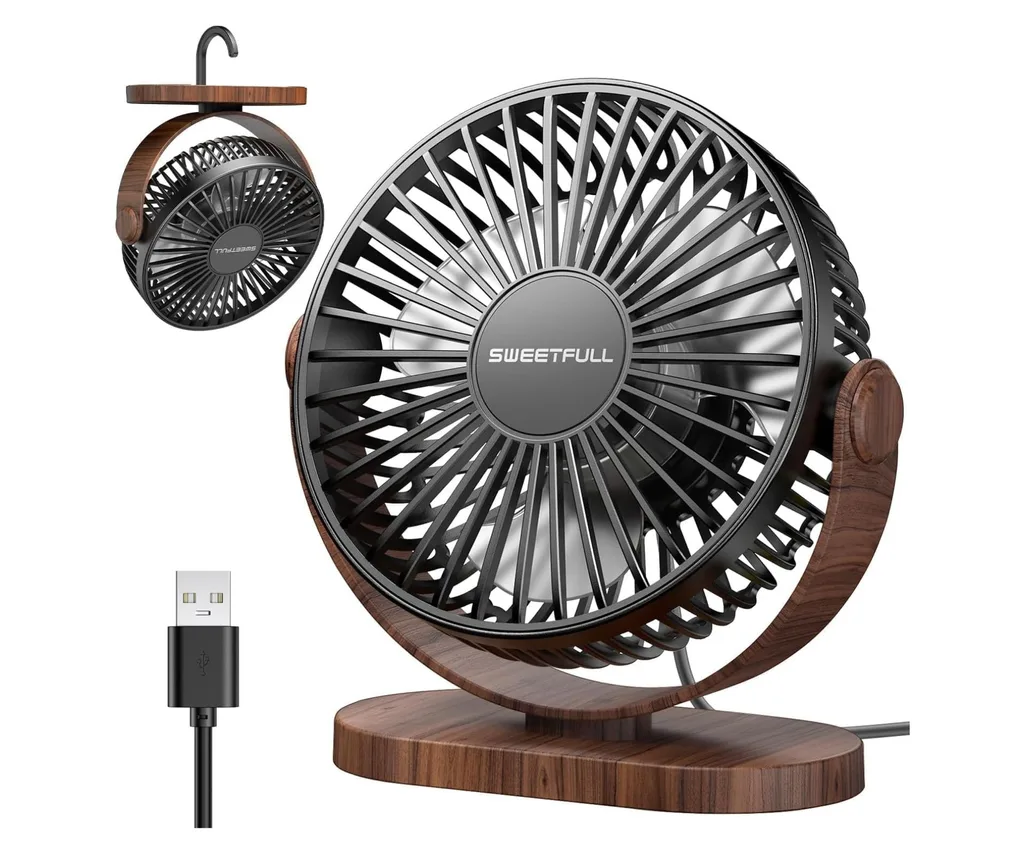 Sweetfull Desk Fan with a wood pattern at Amazon, including a USB charger and option to sit or hang it.