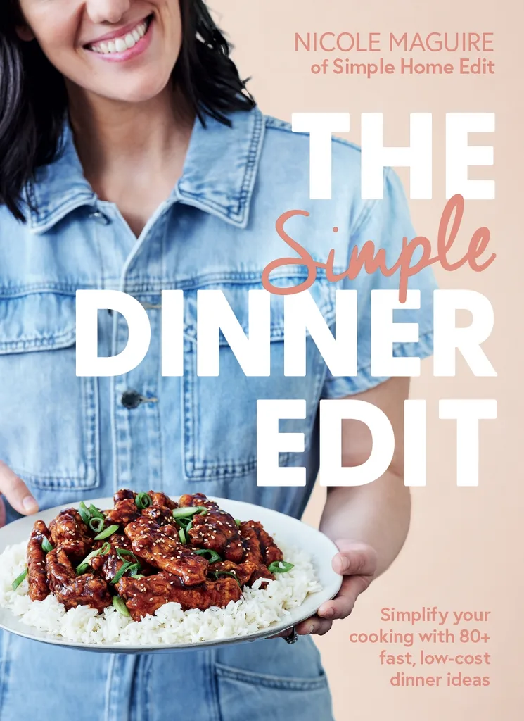simple dinner edit cookbook with nicole maguire holding teriyaki chicken on the cover