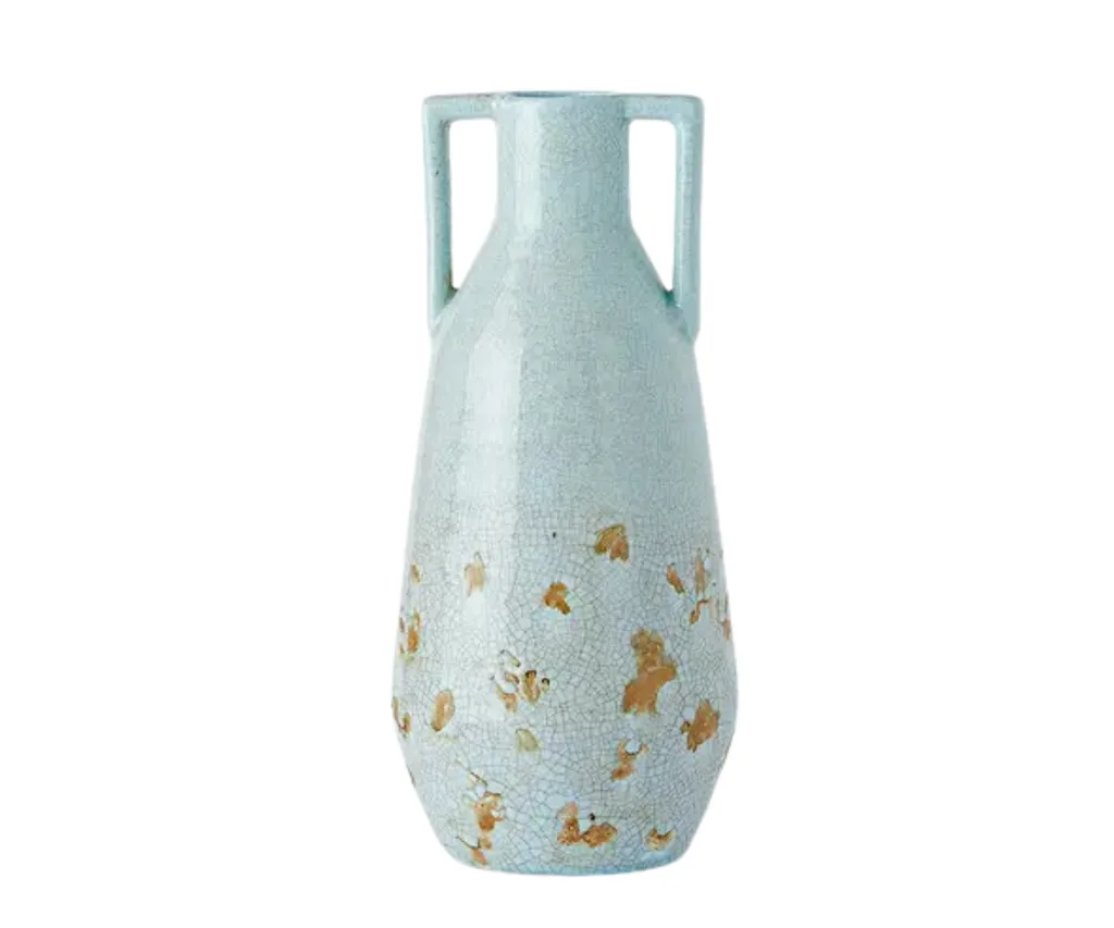 light blue teal vase with gold foliage indented into ceramic