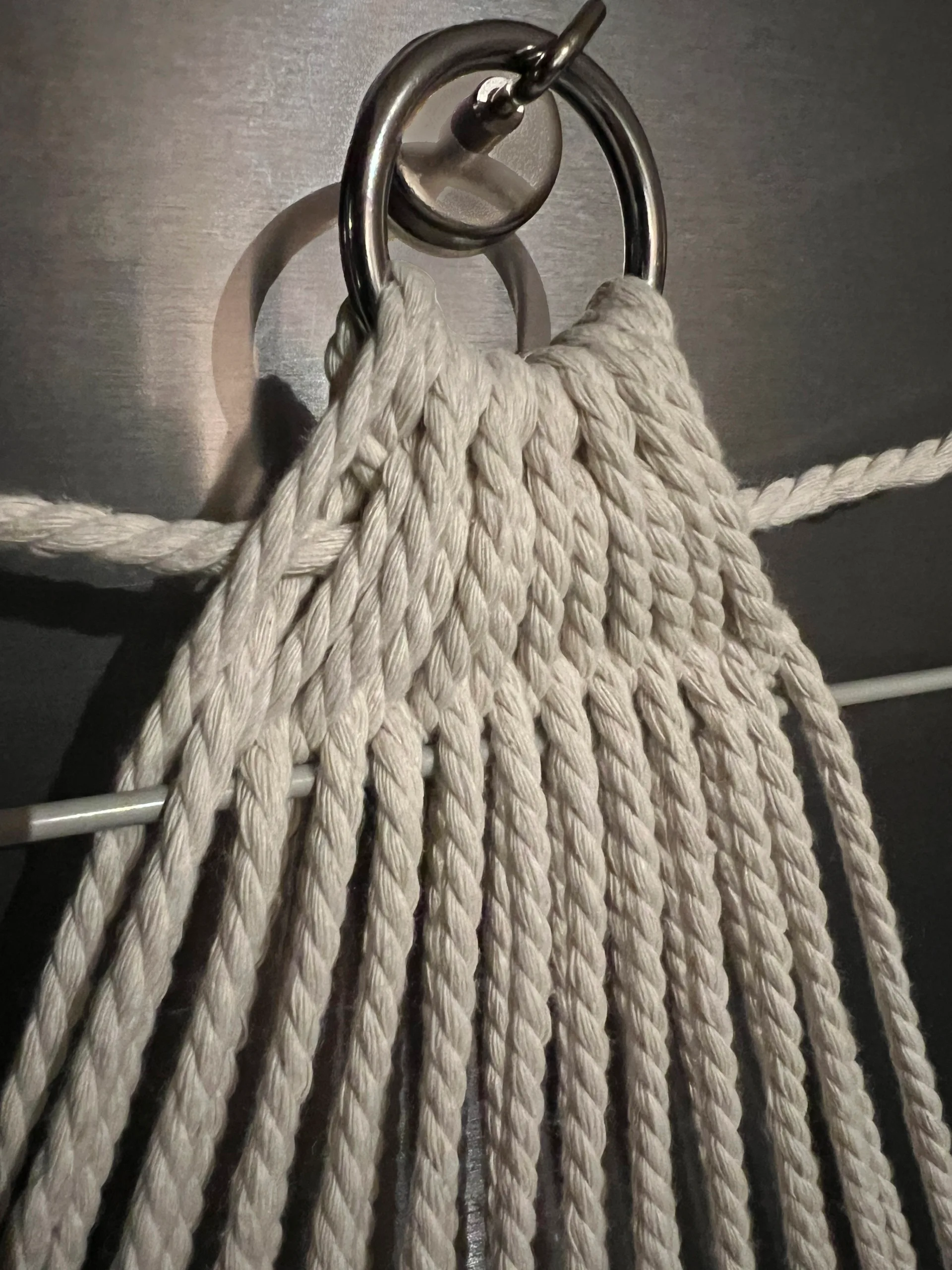 macrame project on hoop and hung on fridge