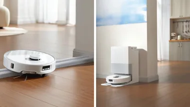 A split image shows the white Roborock Qrevo Edge robot vacuum in action on a light wood floor (left) and charging in its white self-cleaning dock (right). The dock is a tall, rectangular unit with a smaller circular base where the robot sits.